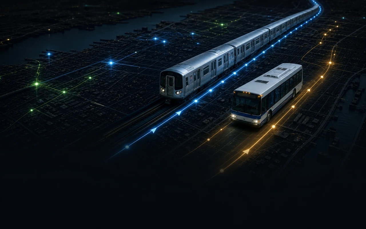 Subway train and city bus moving across a live digital map of New York City