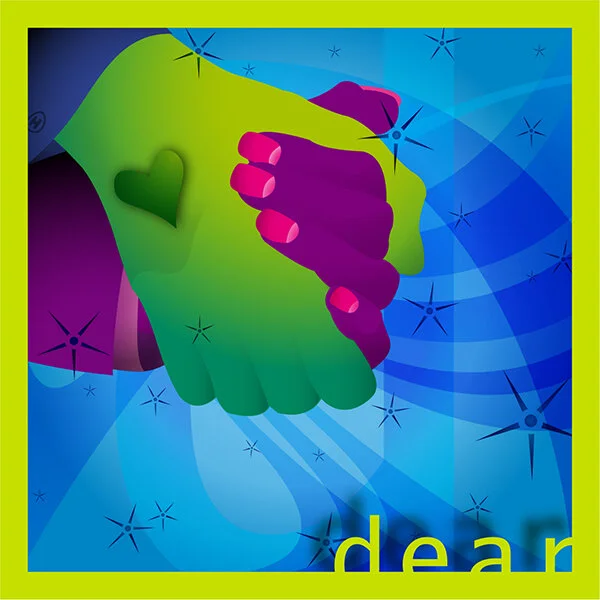 Bright experimental digital artwork with hands and abstract shapes