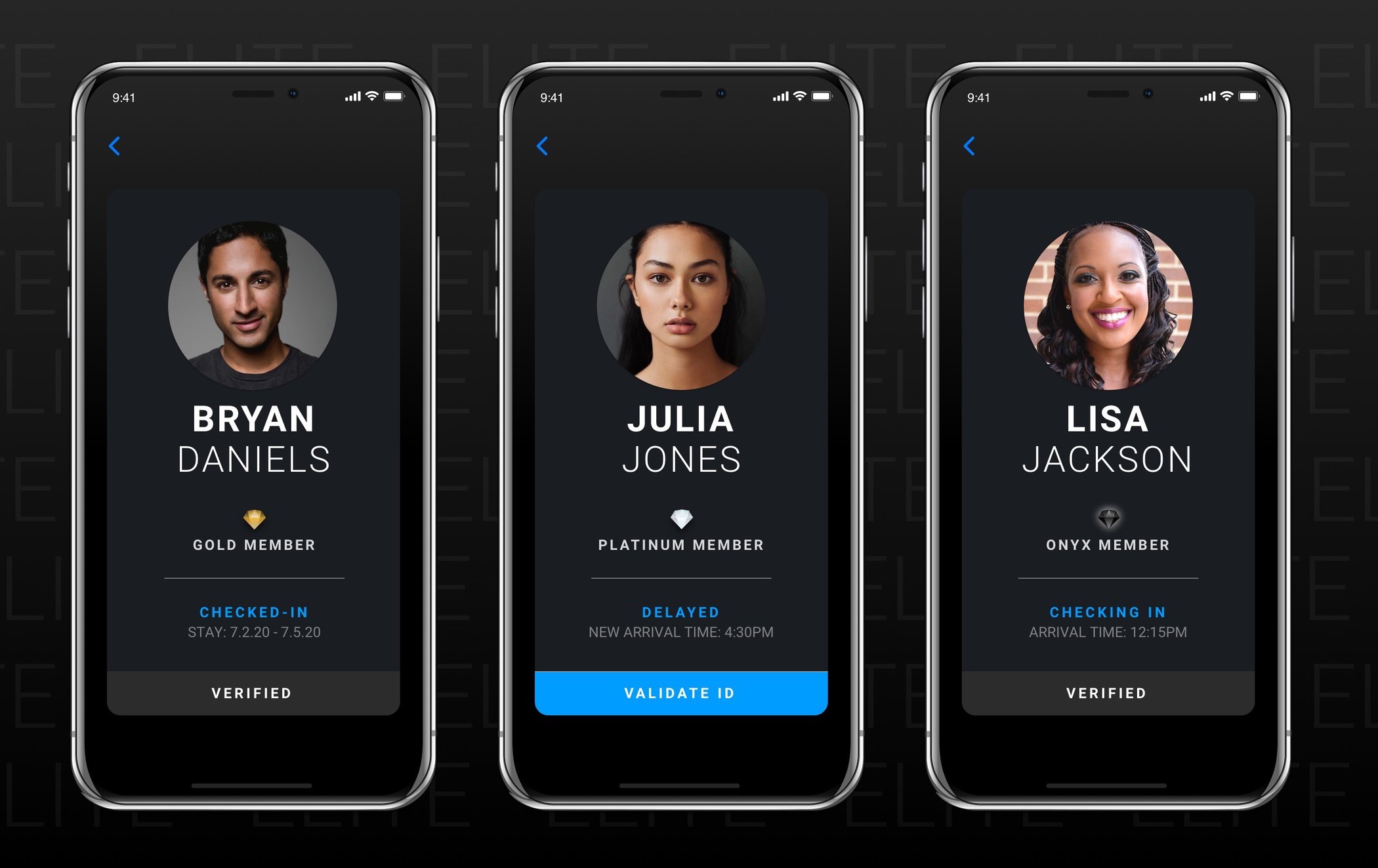 Hotel Elite mobile app screens for staff profiles