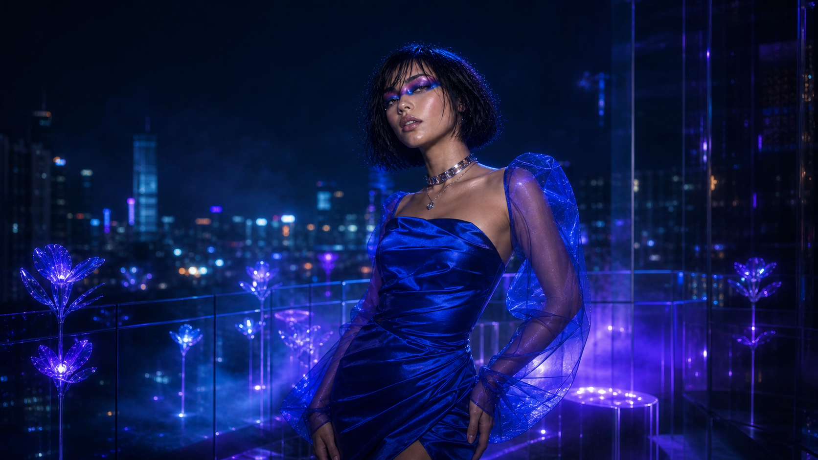 Aria in a glowing rooftop nightlife scene