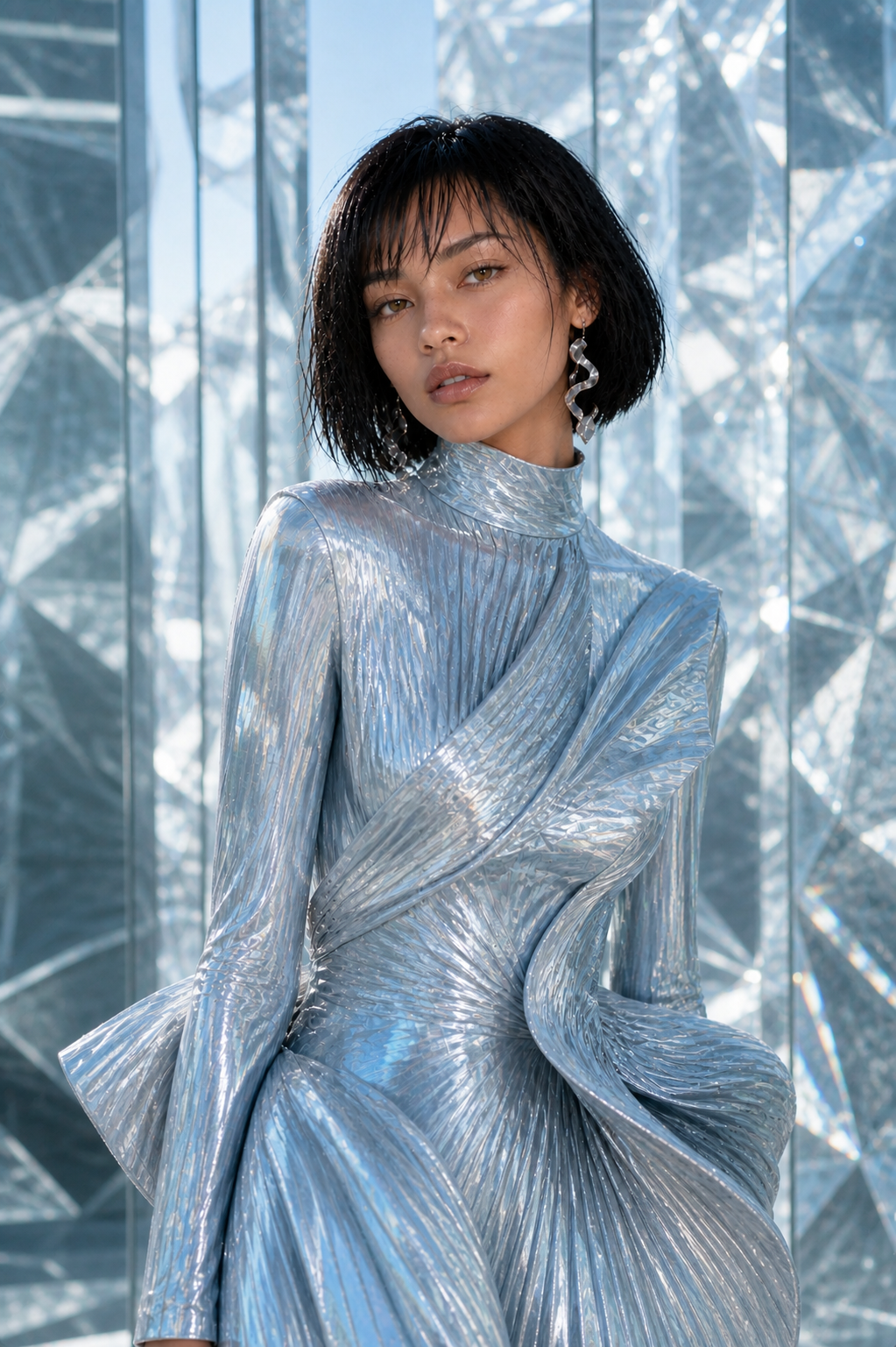 Aria in a full-body cobalt suit pose in a sunlit museum