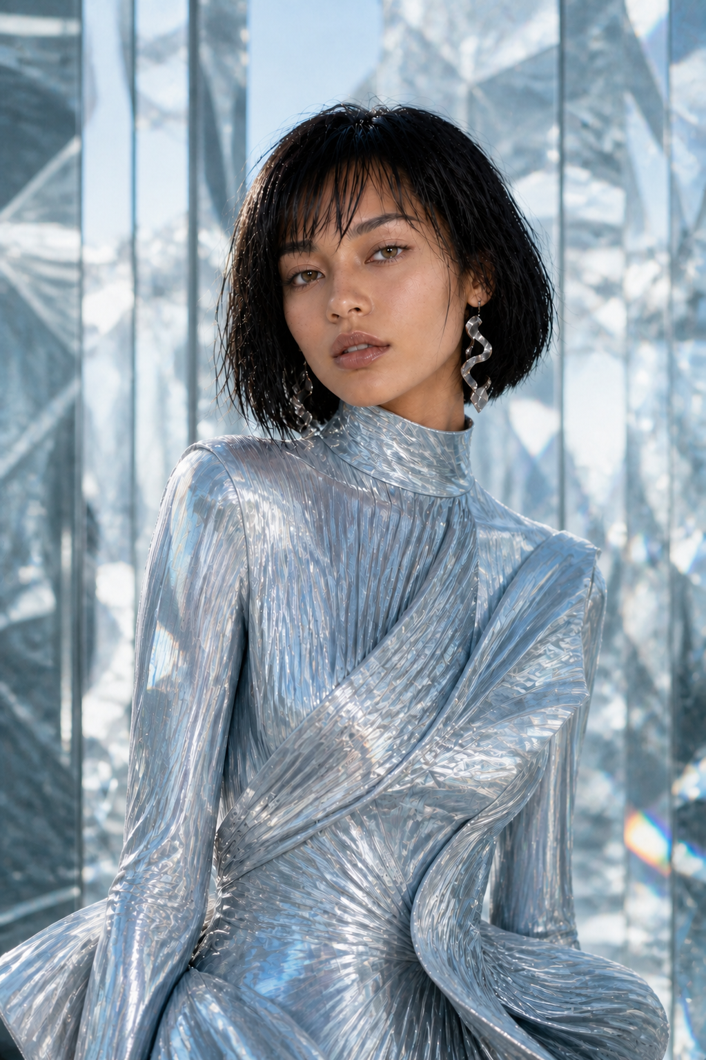 Aria in a full-body cobalt jumpsuit pose in a bright sculpture gallery