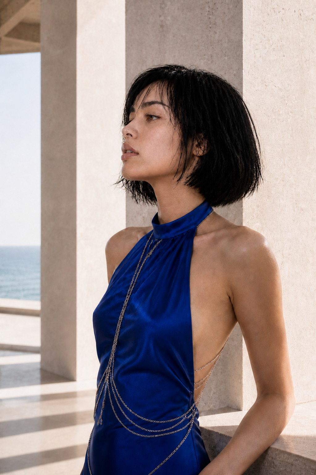 Aria in a cobalt satin look above a glowing city