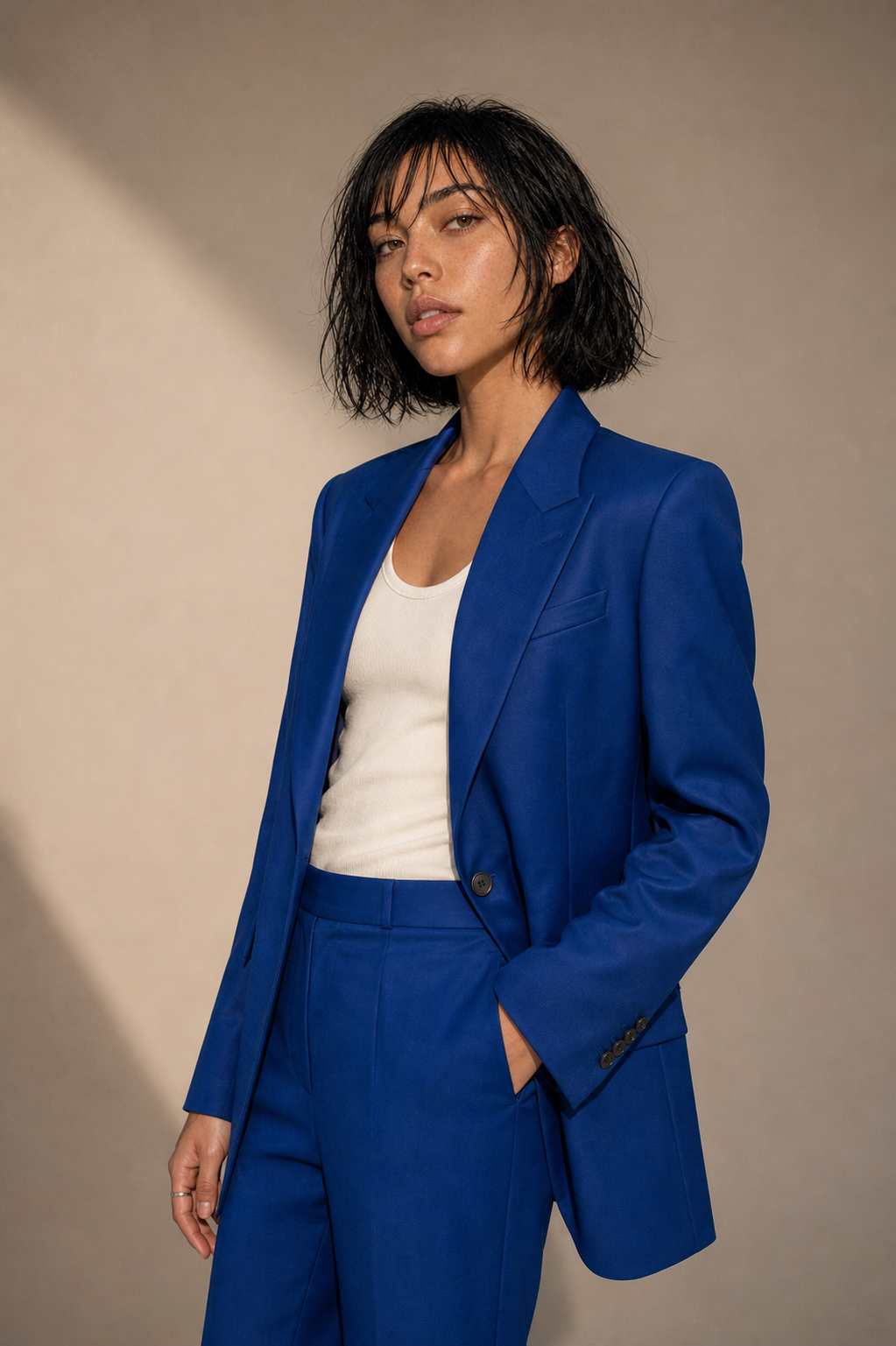 Aria in cobalt tailoring in a warm studio