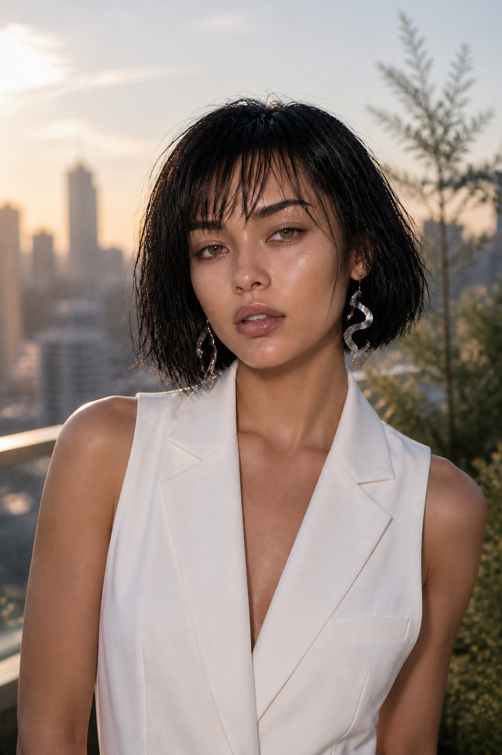 Aria front-facing in a sunrise rooftop garden