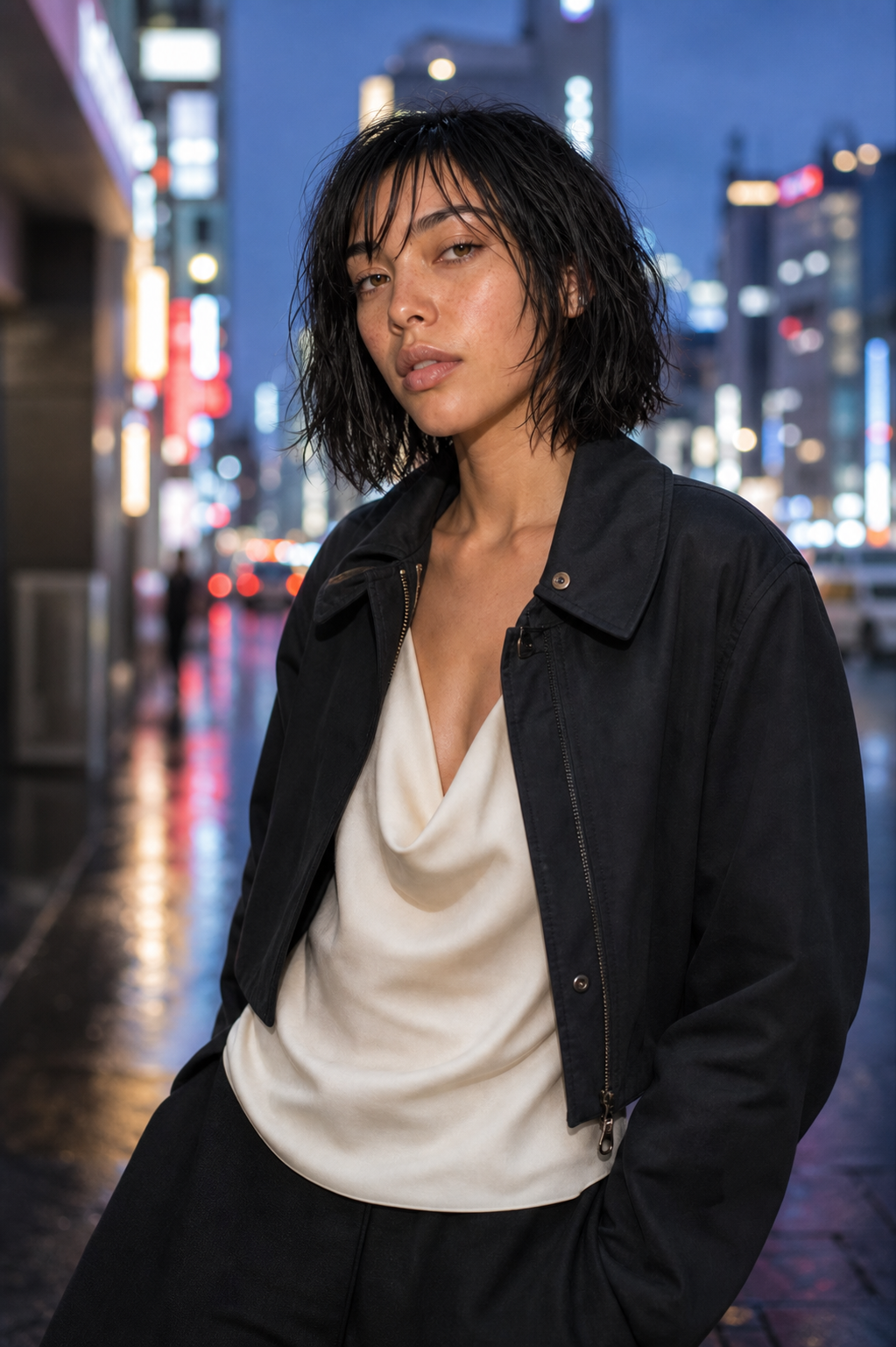 Aria on a rain-slick Tokyo side street at blue hour