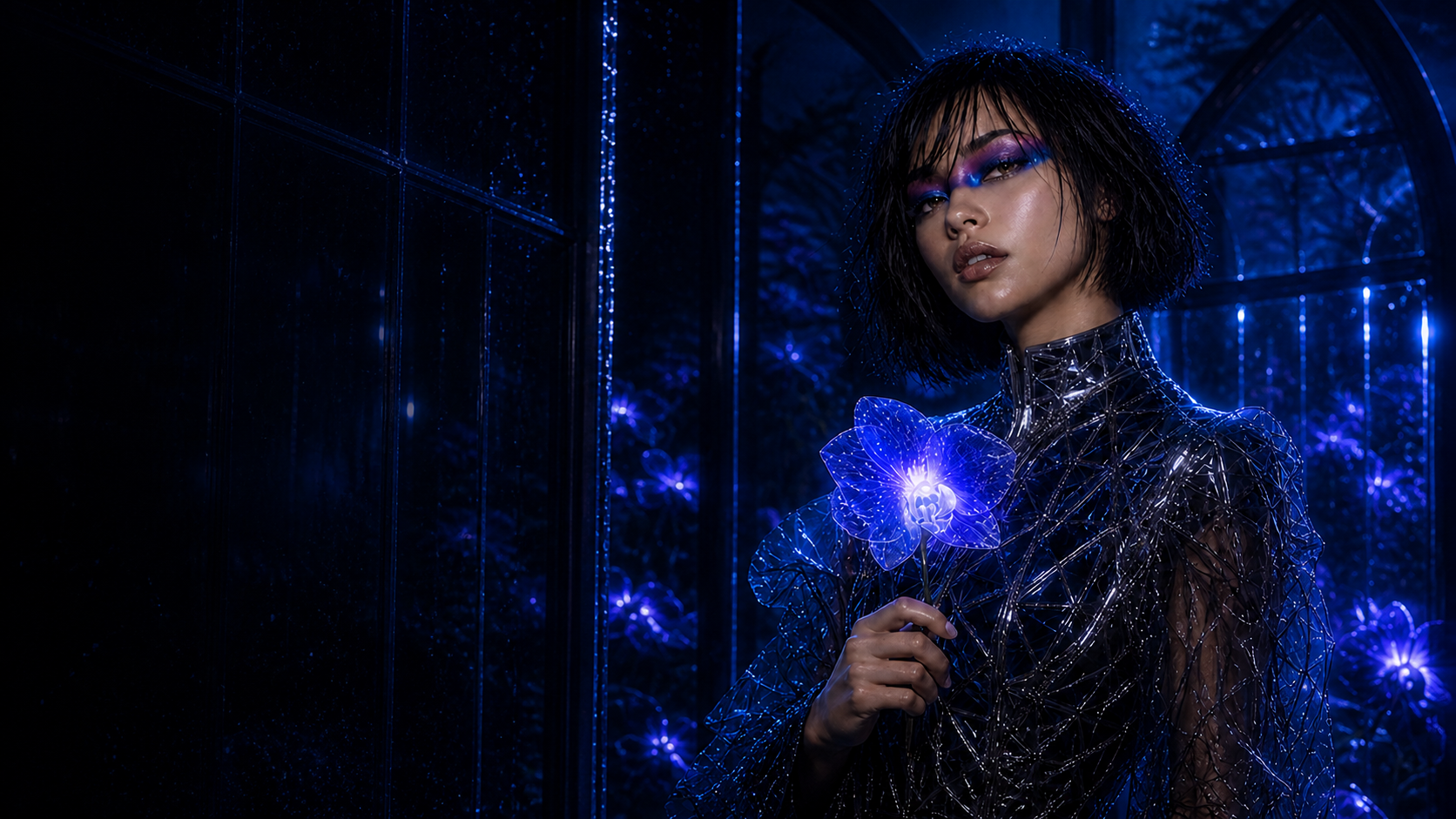 Aria holding a luminous electric orchid in a rain-lit conservatory