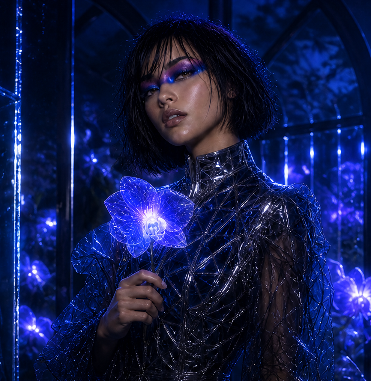 Aria holding a luminous electric orchid in a rain-lit conservatory