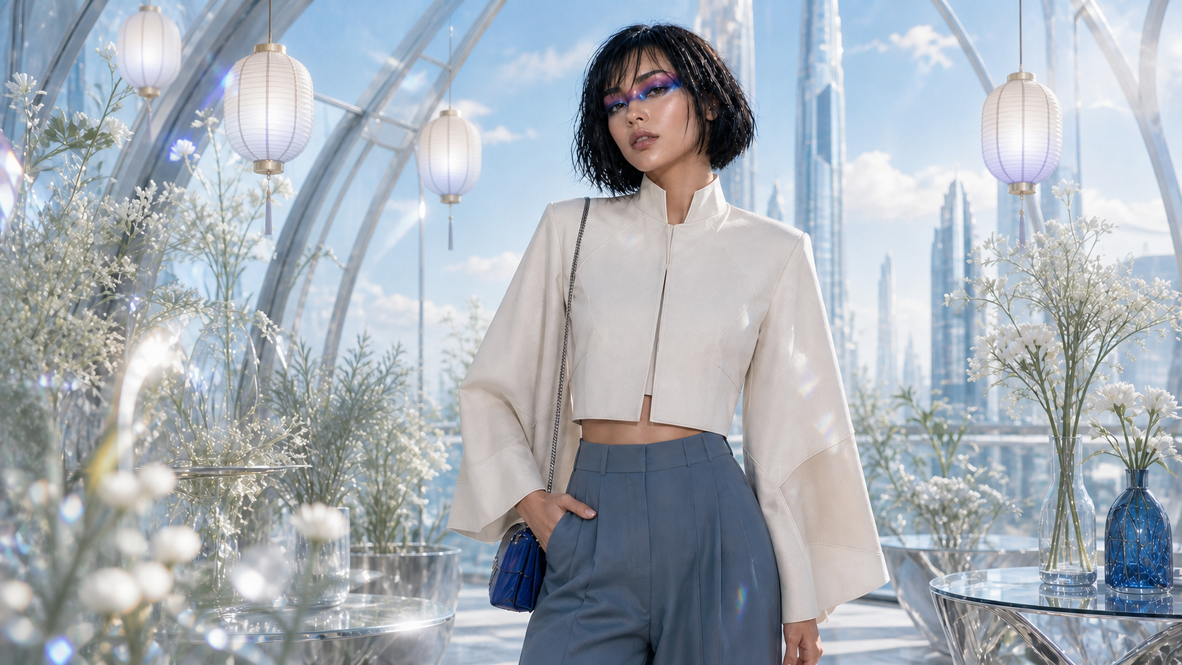 Aria in a daylight sky garden with paper lanterns