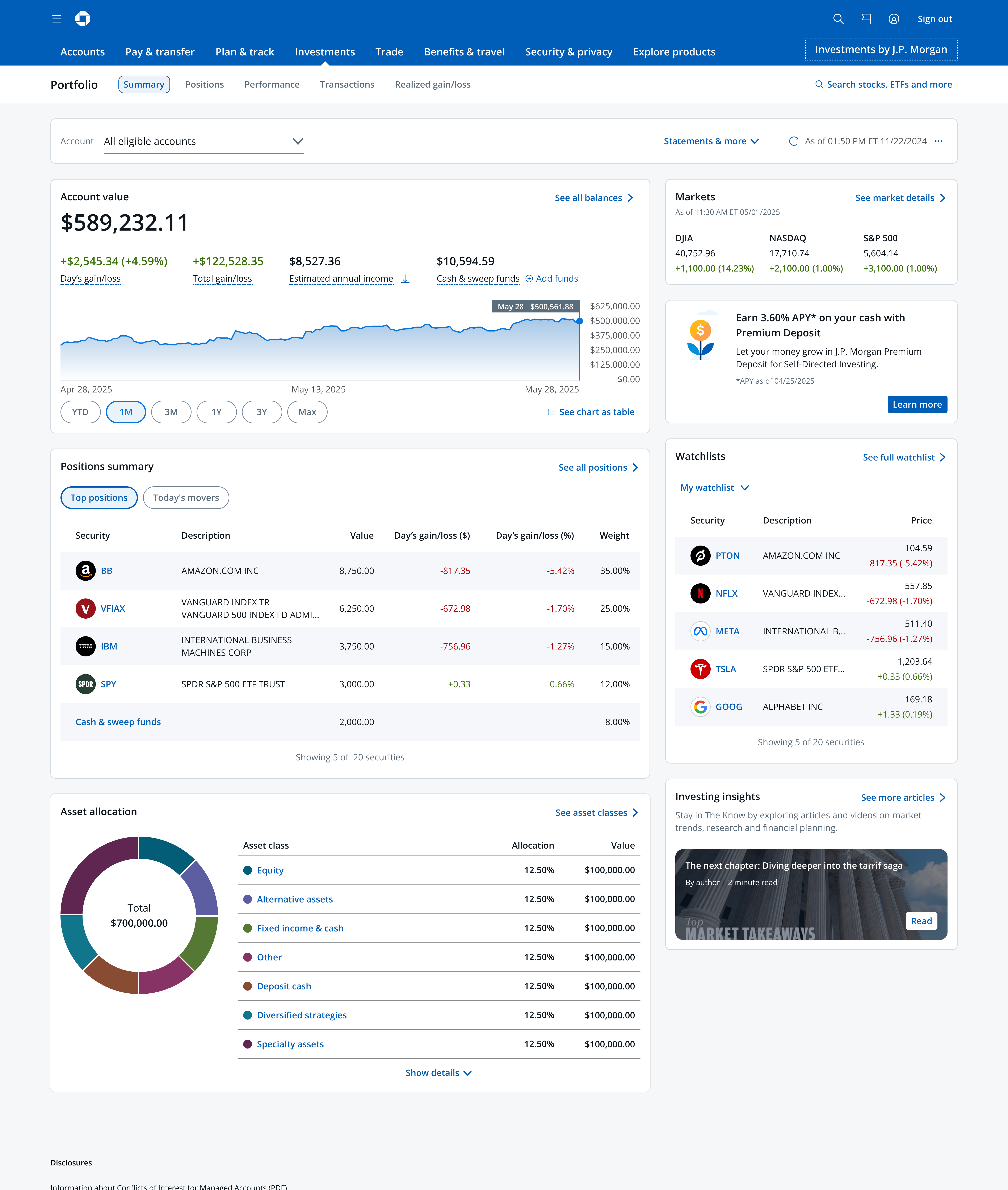 Desktop investment dashboard with account value, positions, allocation, watchlists, and investing insights