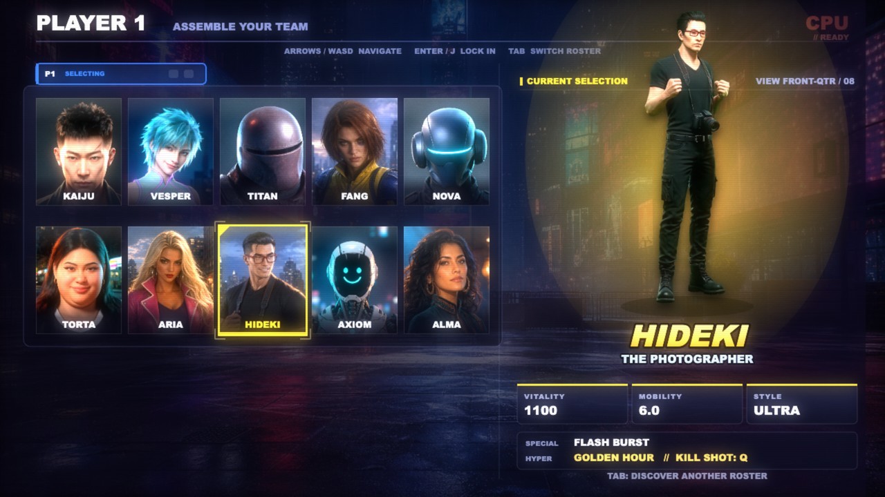 Character select screen showing a rotating turntable preview of a fighter alongside stat tiles.