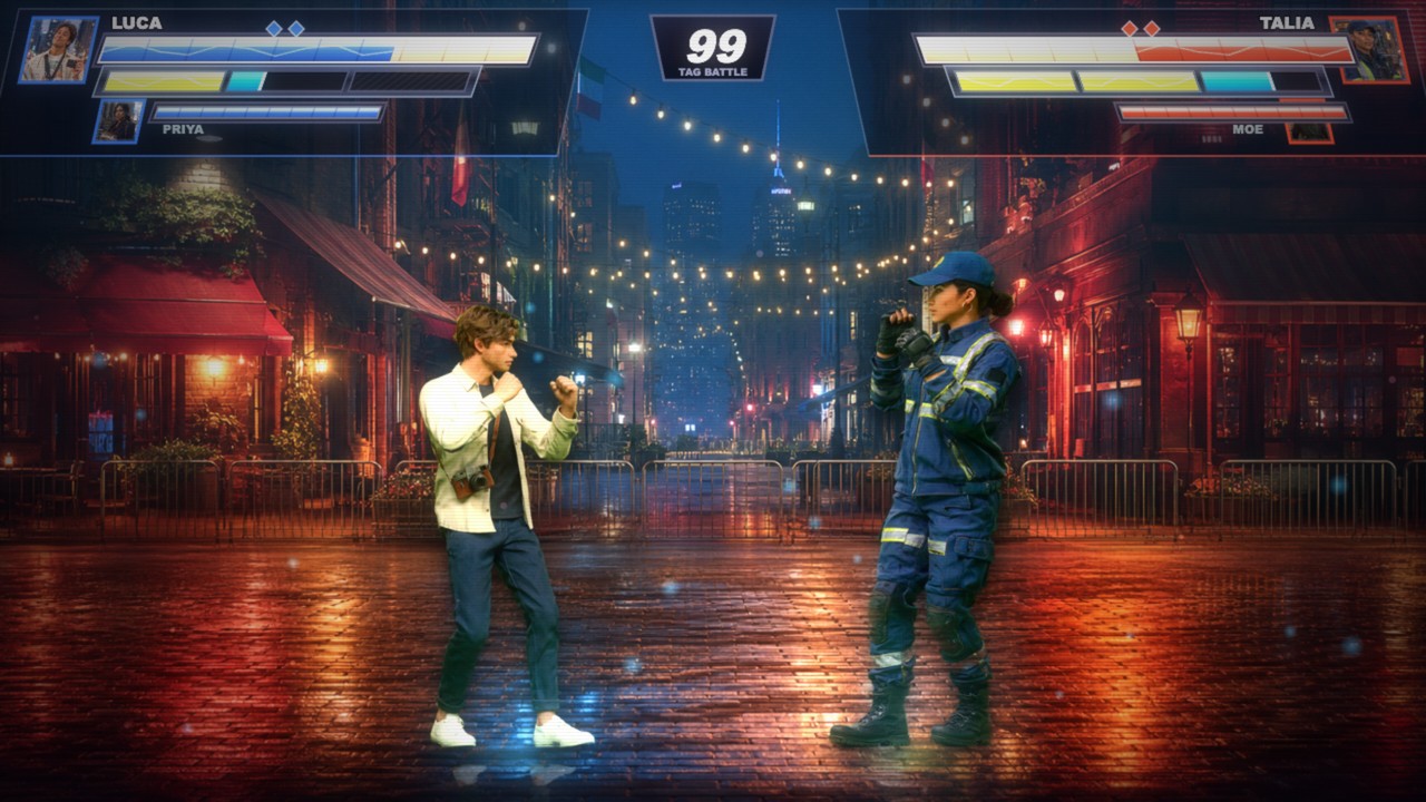 Neutral combat exchange between Luca and Talia, from the hidden underground roster, correctly facing each other in SoHo.