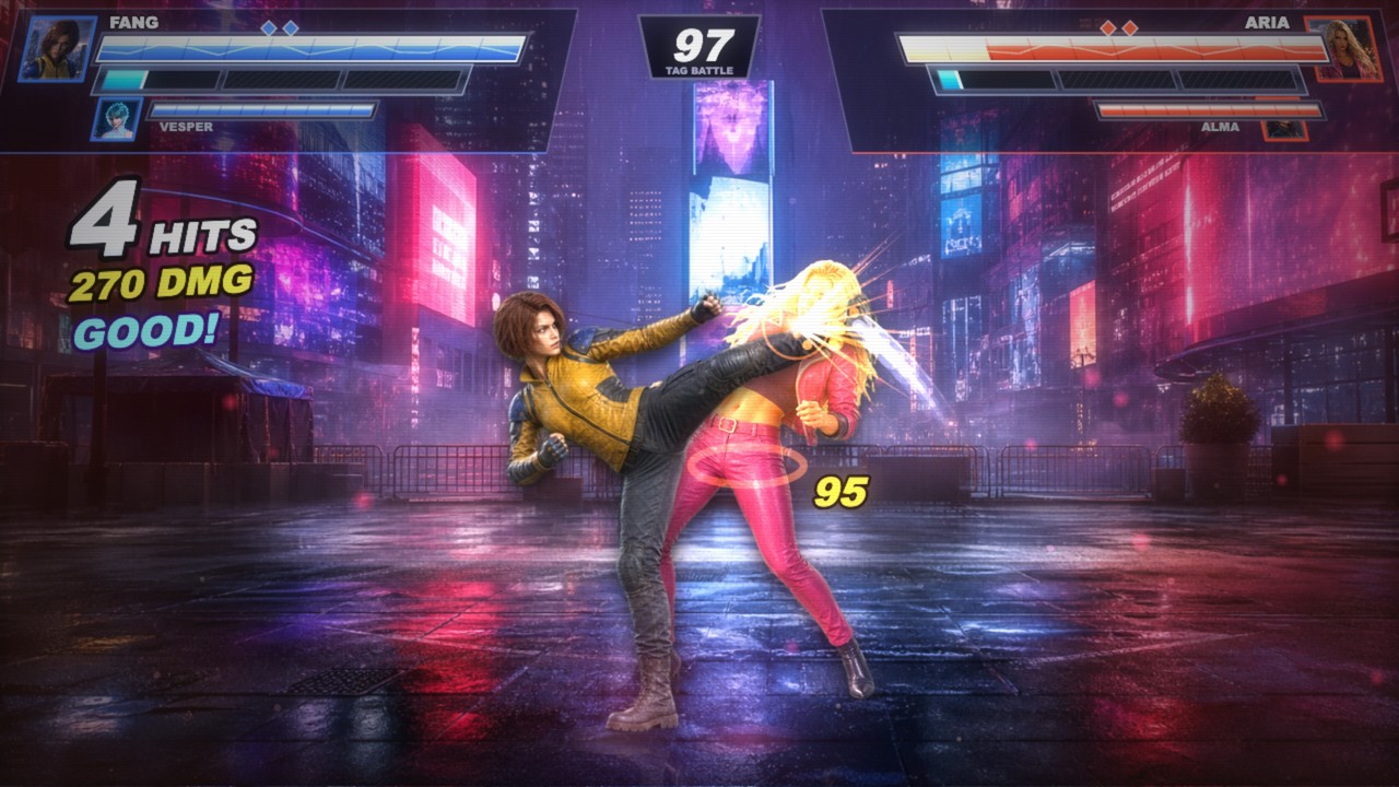 A combo counter and contact-anchored hit effect during an active combo.