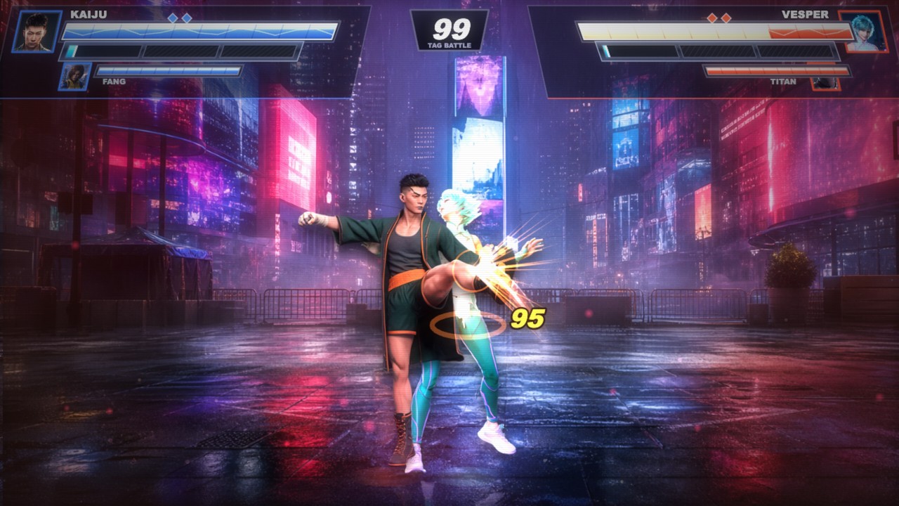 A heavy hit reaction with impact effects at the correct contact height on the fighter's body.