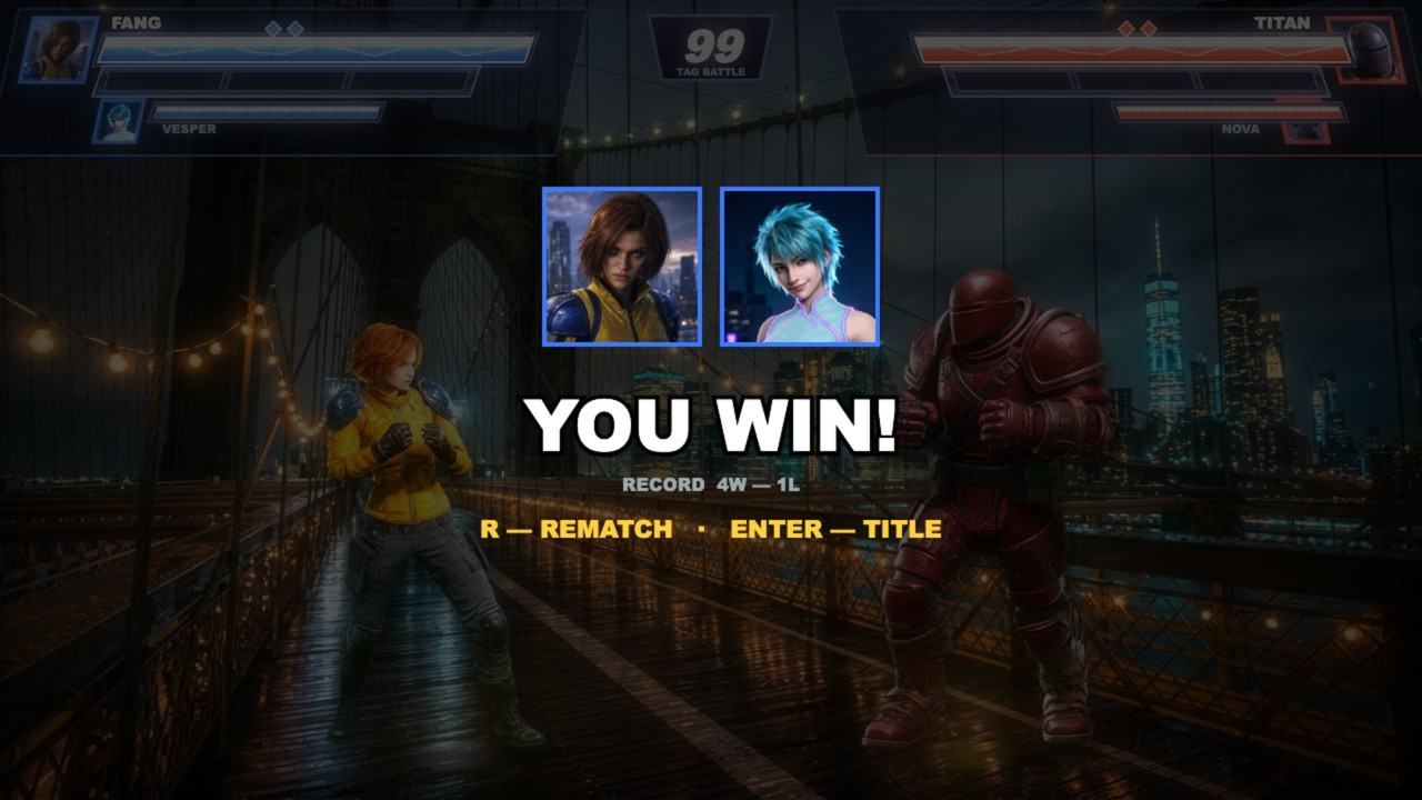 The match results screen: YOU WIN! over the winning team's two portraits, a W-L record, and a rematch prompt.