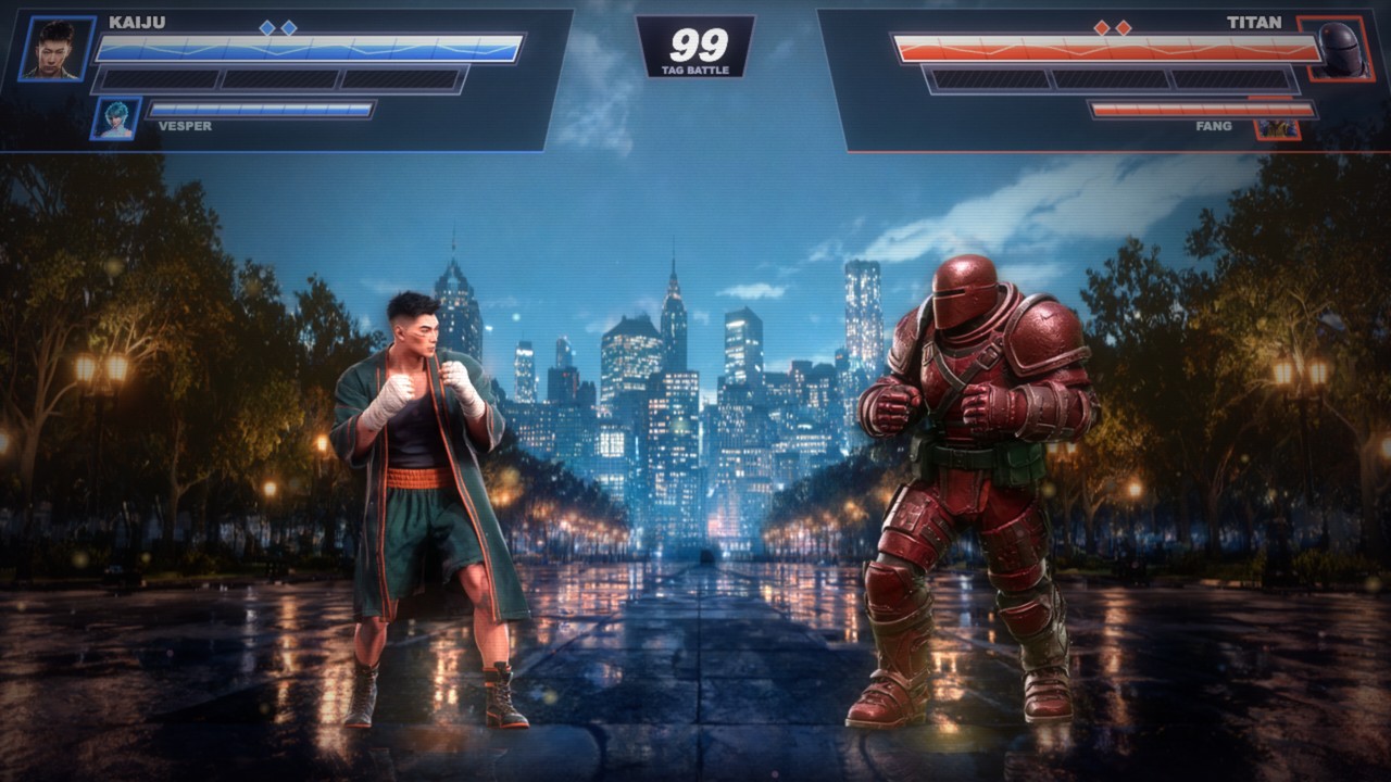 A live fight in Central Park at night, two fighters facing off with health bars and hyper meter visible in the HUD.