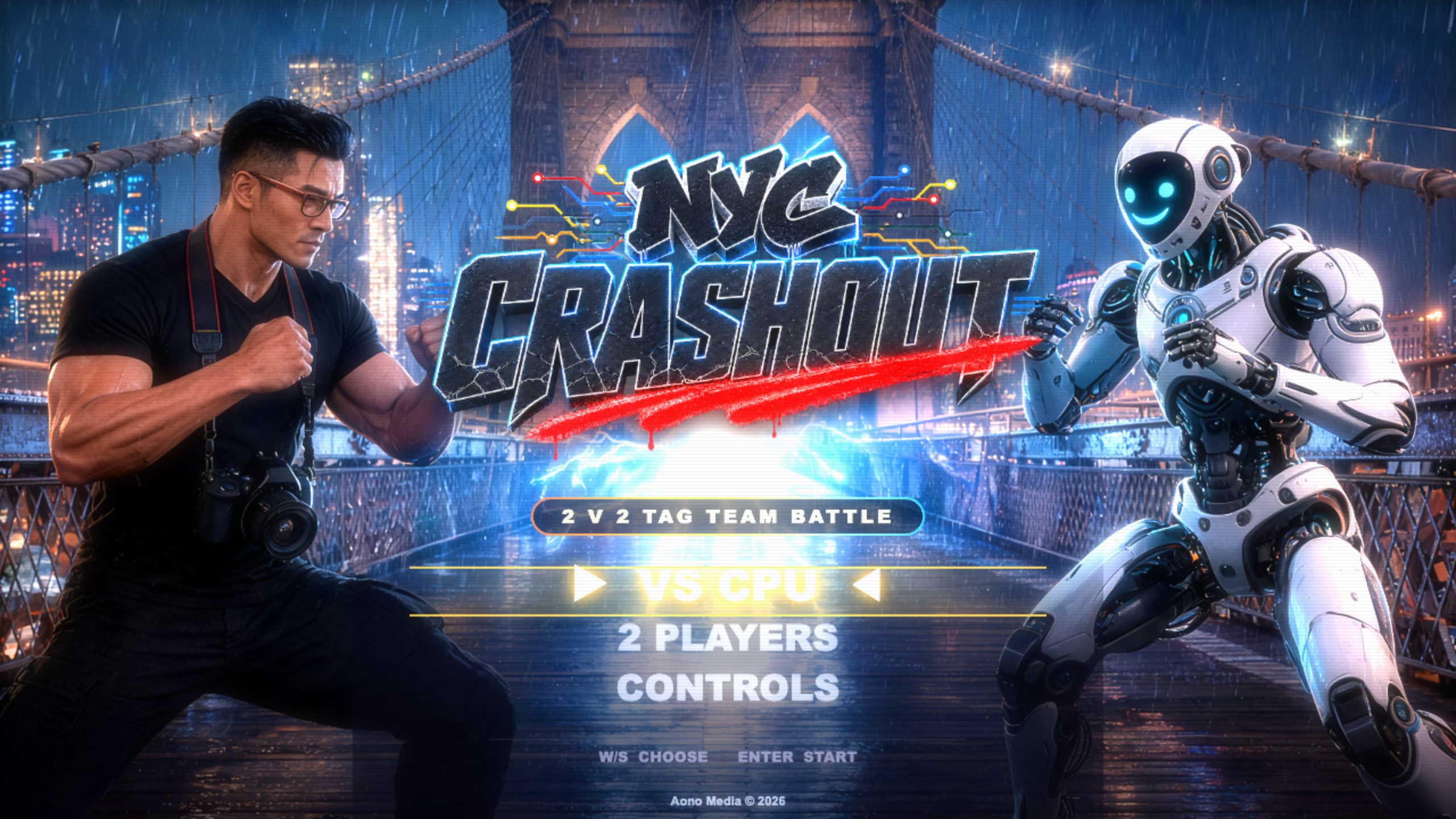 Final NYC Crashout title screen with the finished wordmark, player menu, and two fighters facing off on Brooklyn Bridge.