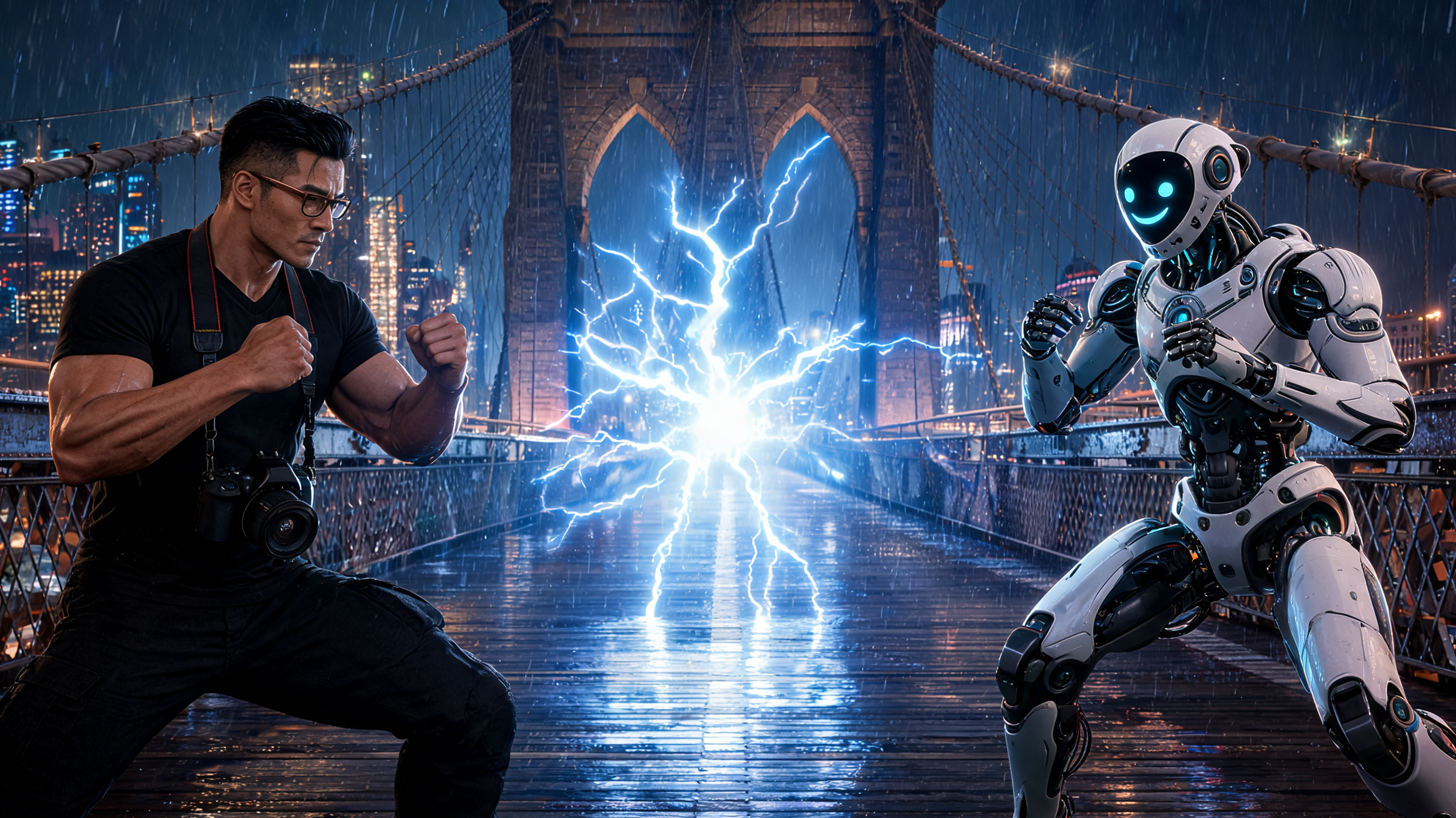 A close bridge composition with Hideki and Axiom facing off around a lightning starburst.