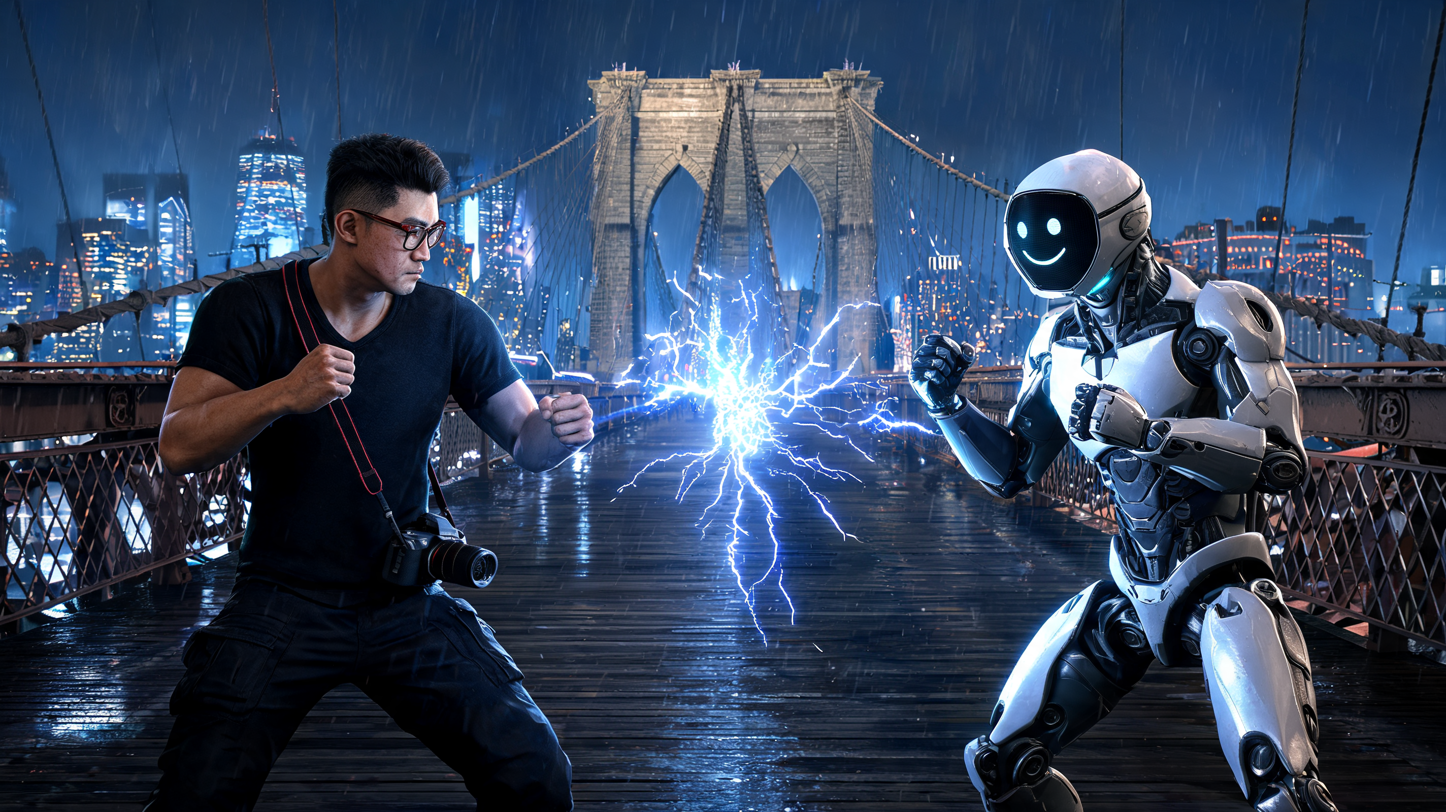 A Brooklyn Bridge face-off composition with Hideki and Axiom in fighting poses.
