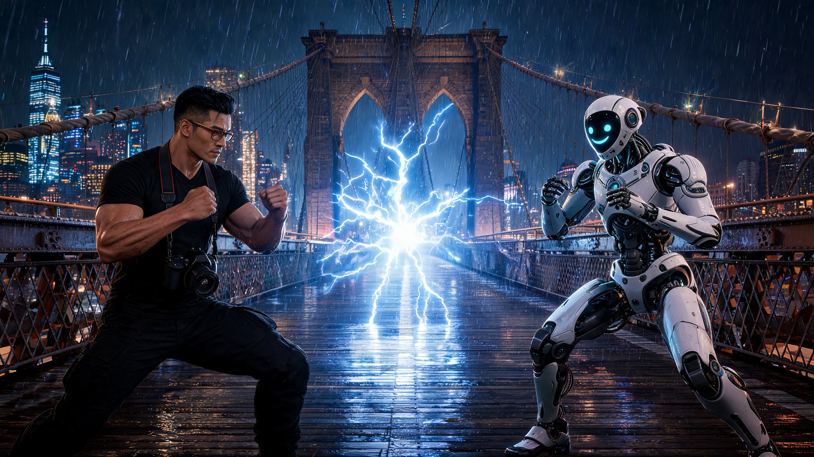 An earlier wide Brooklyn Bridge cover composition with lightning between the two fighters.