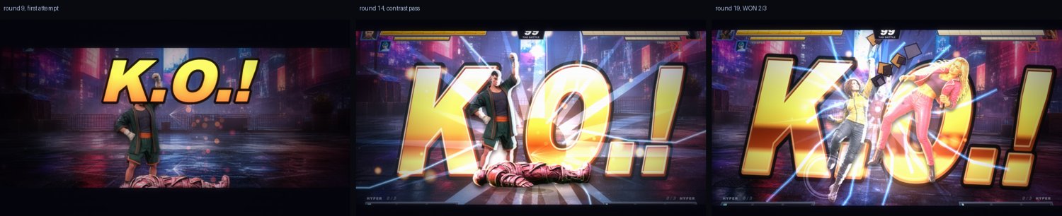 The KO moment screen at gauntlet round 9, round 14, and the winning round 19, showing framing and contrast improve each pass.