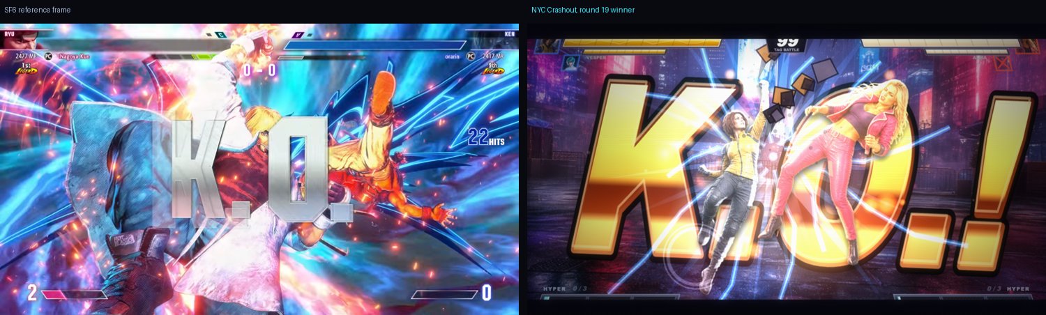 Side by side comparison of a genre-benchmark KO reference frame and the NYC Crashout round 19 winning KO frame.