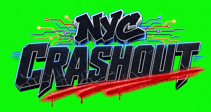 The NYC Crashout wordmark rendered over a green key background.