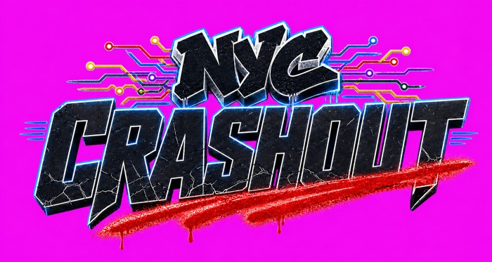 The NYC Crashout wordmark rendered over a magenta key background, the alternate key color for light-colored mark elements.