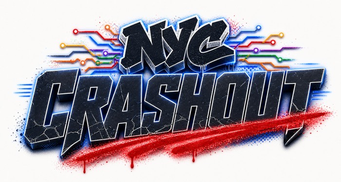 A flat white monochrome version of the NYC Crashout wordmark for dark-UI overlay use.