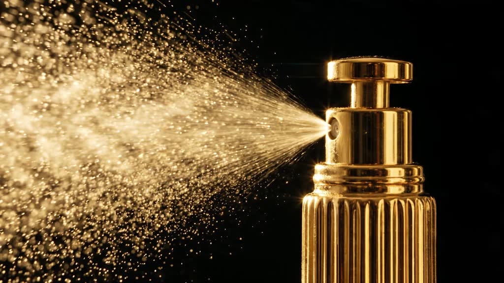 A gold perfume bottle releasing a luminous spray against a dark background